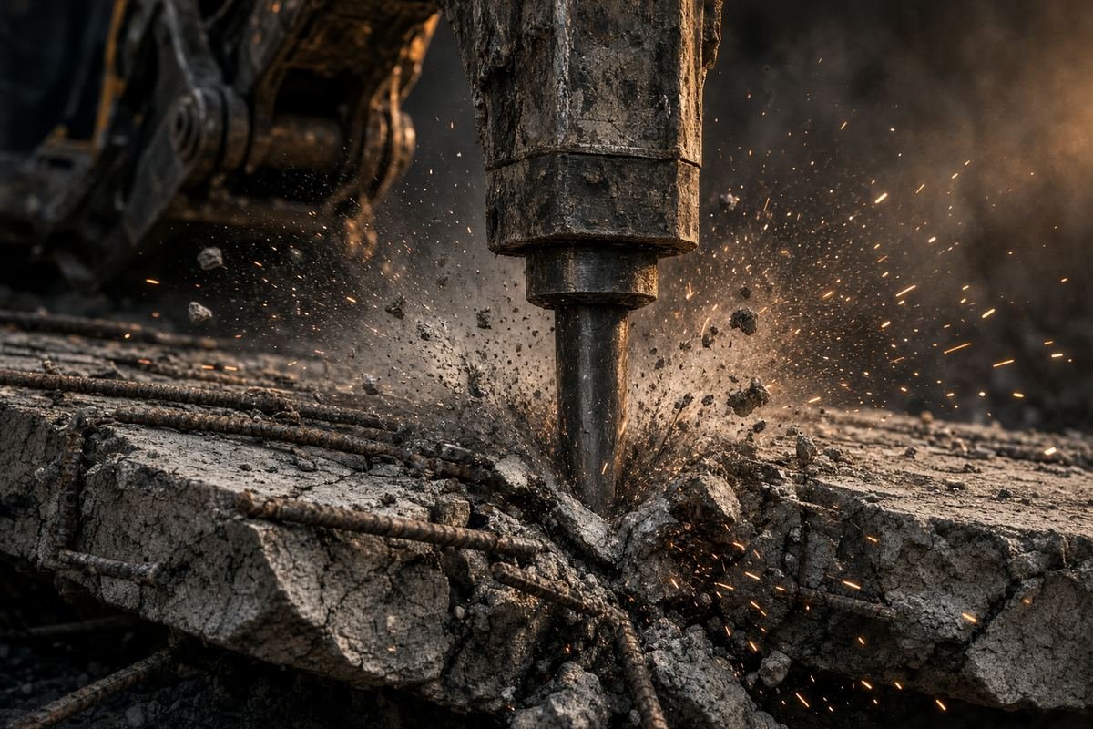 Hydraulic breaker removing reinforced concrete on a demolition site