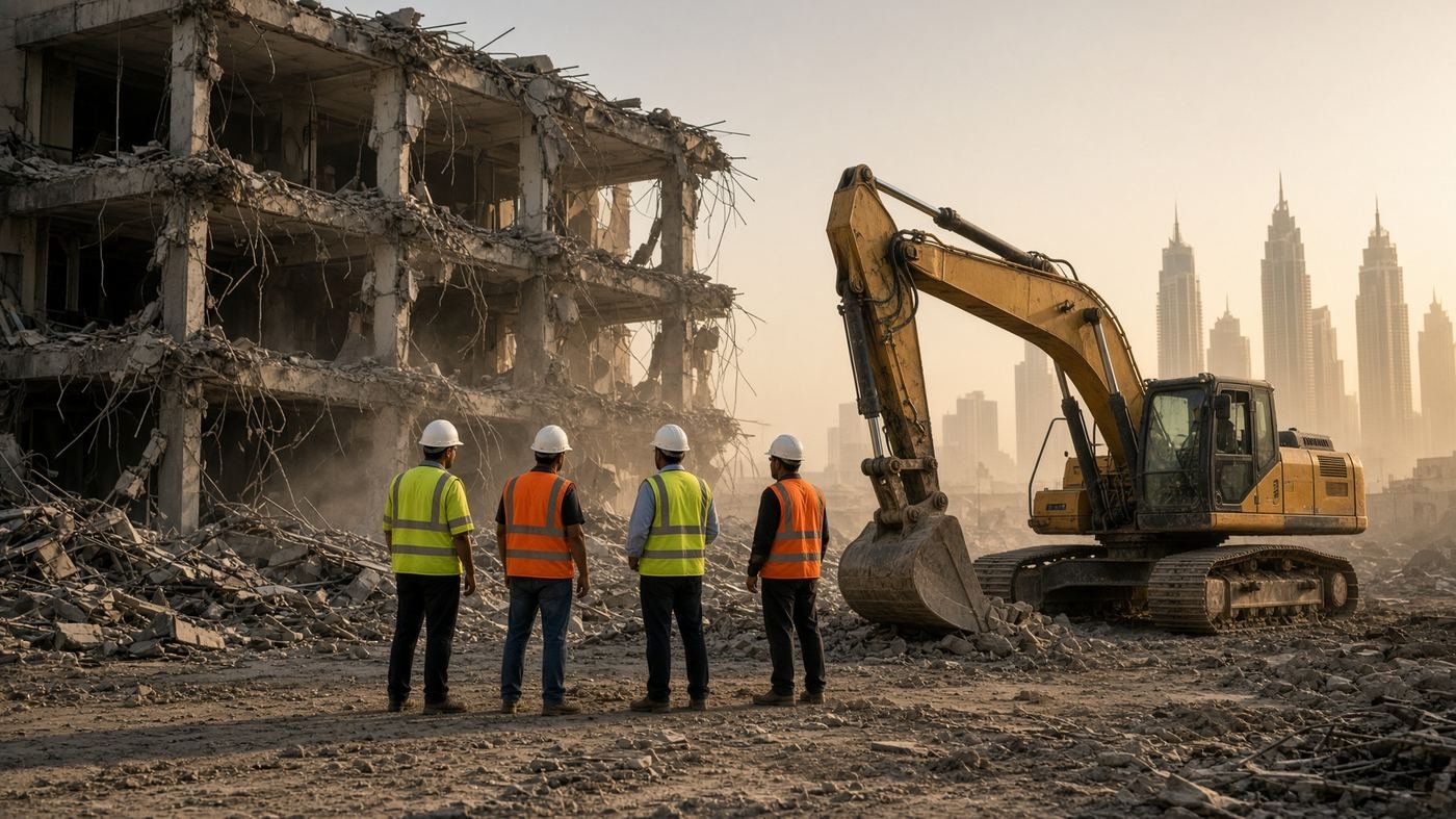Demolition crew and excavator on a Dubai site