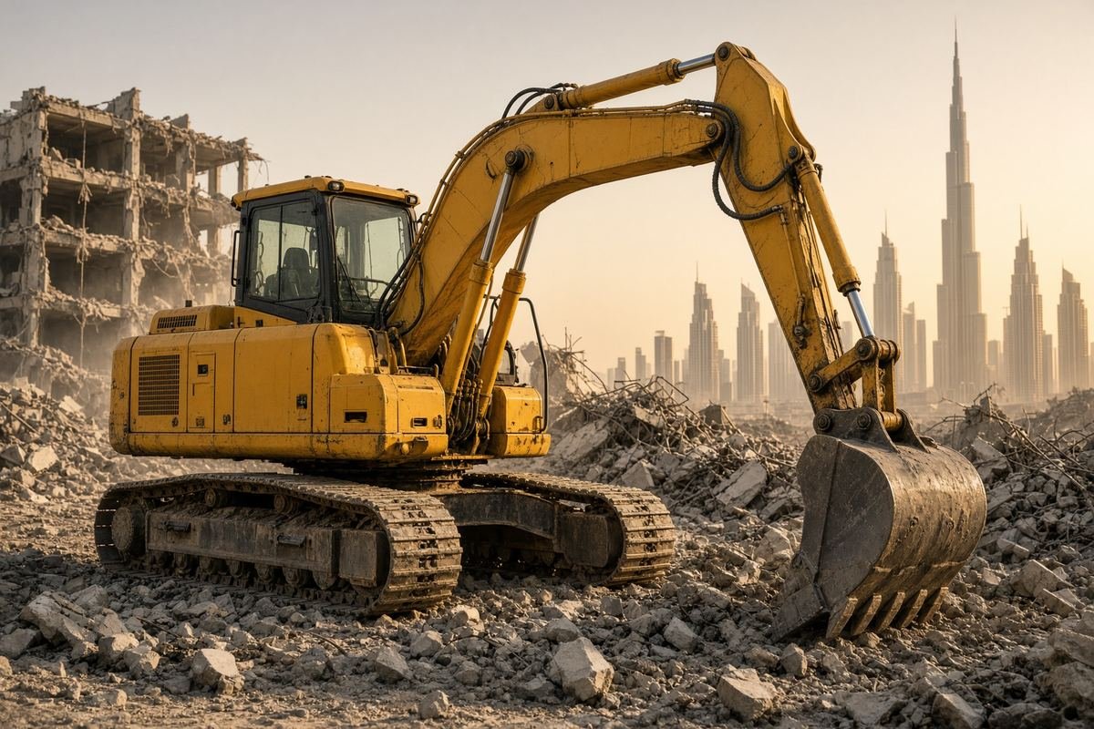 Heavy excavator prepared for building demolition in Dubai