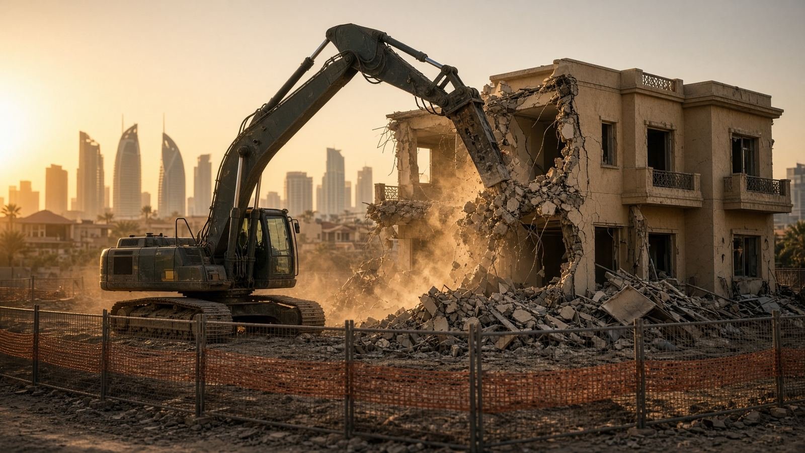 Licensed villa demolition in progress in a Dubai community at golden hour