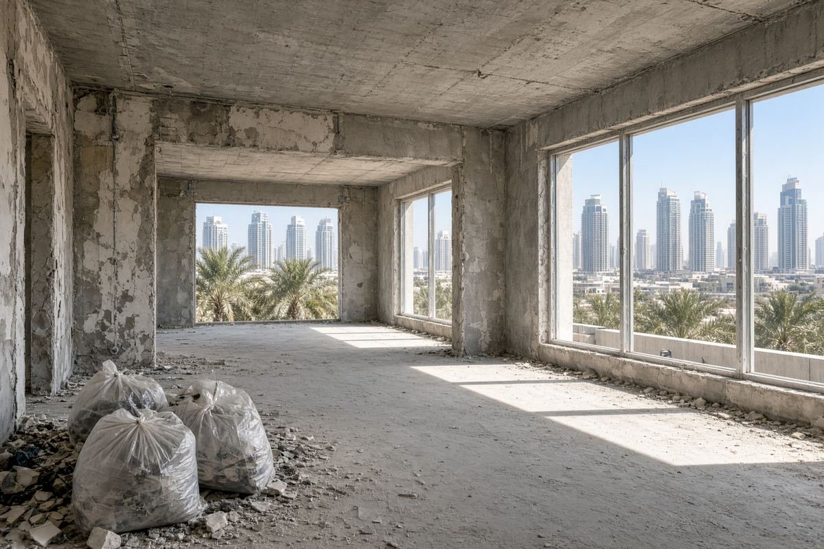 Interior soft-strip demolition with exposed concrete and empty window frames